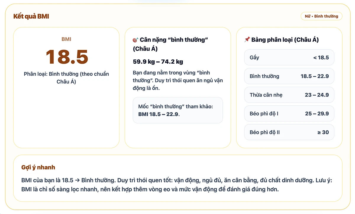 Tính chỉ số BMI chuẩn Châu Á - Phân loại gầy, bình thường, thừa cân, béo phì