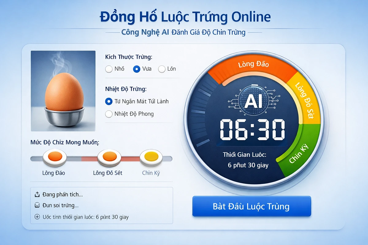Đồng hồ luộc trứng online - Chọn lòng đào, chín vừa, chín kỹ