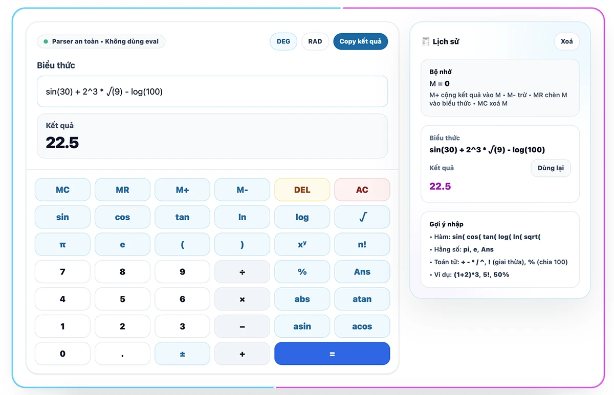 Máy Tính Khoa Học Online - Tính nhanh sin cos tan, log, căn, lũy thừa