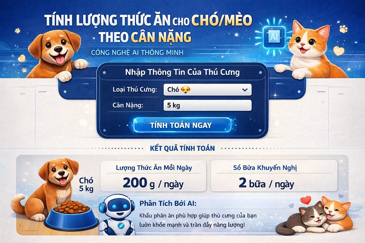 Công cụ tính lượng thức ăn cho chó, mèo theo cân nặng
