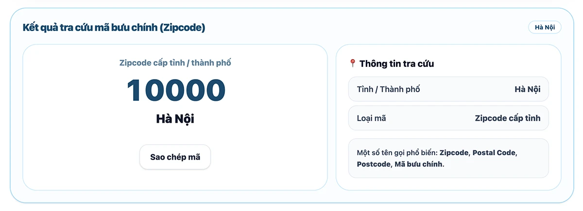 Tra cứu mã bưu chính (Zipcode) Việt Nam theo tỉnh / thành phố